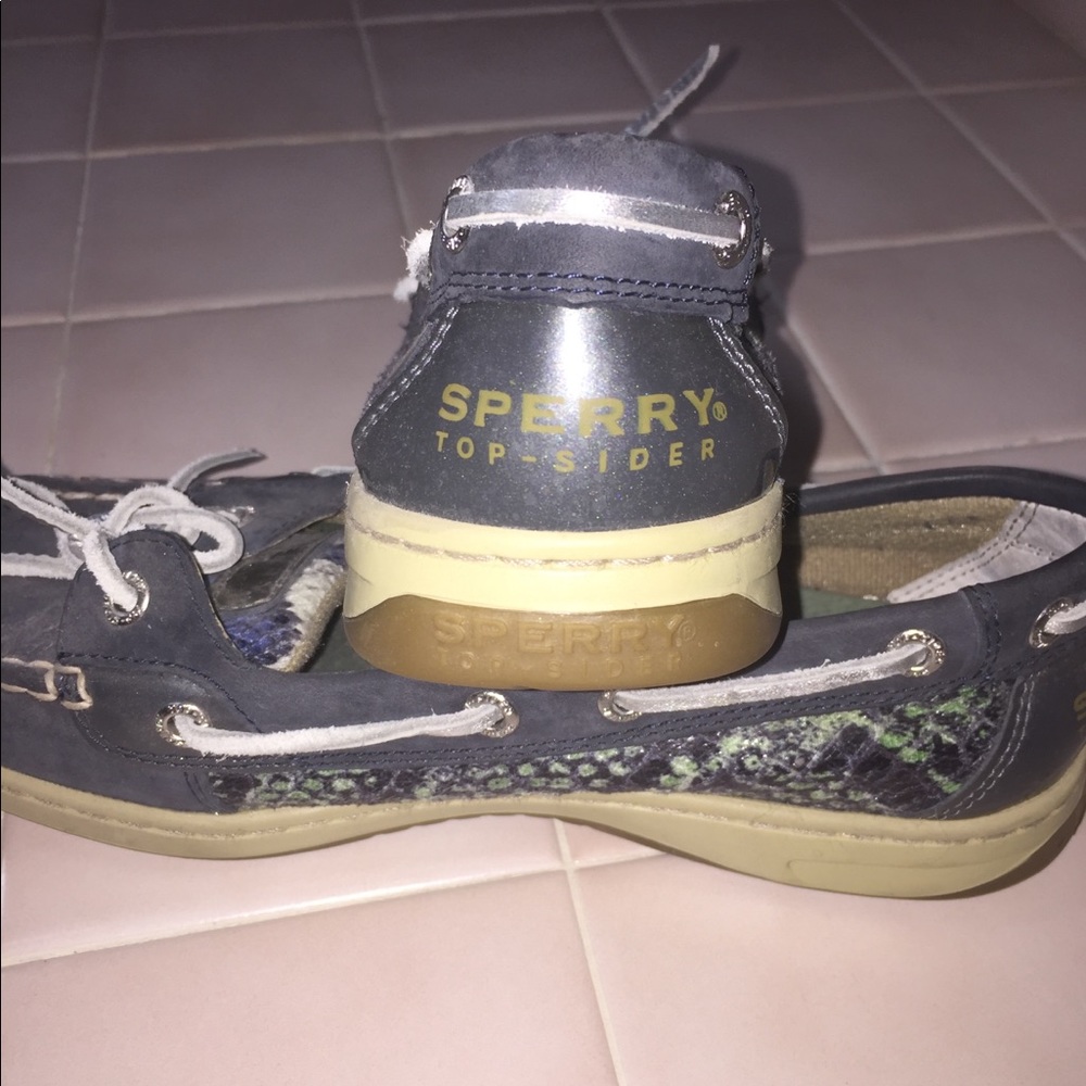 Blue/green snake print sperrys